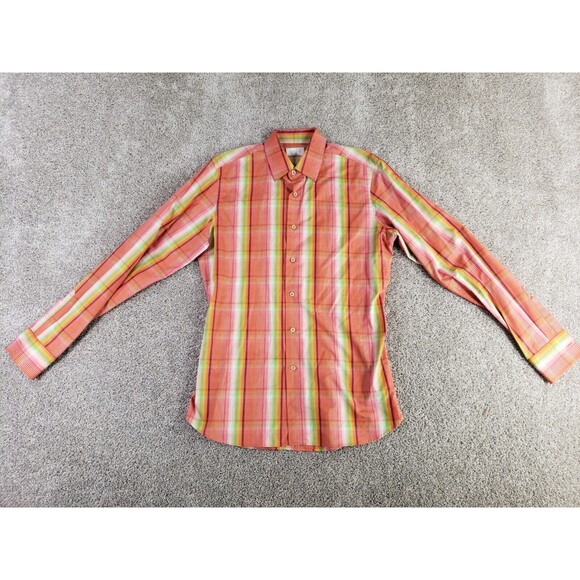 Prada Men's Long Sleeve Button Up Shirt 40 15.5 Orange Plaid Cotton